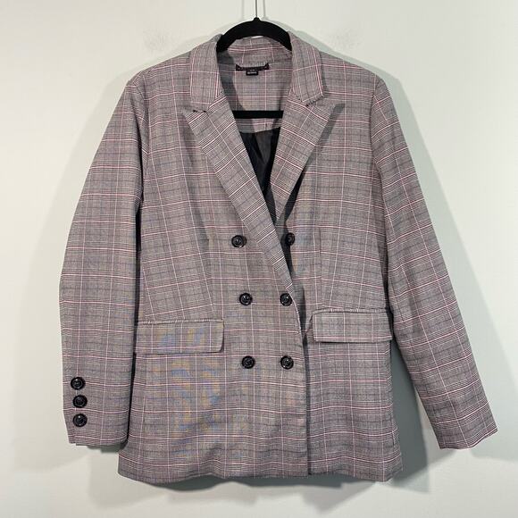 Vintage Y2K Attention Pink & Grey Plaid Hip Length Double Breasted Blazer Size M - Picture 1 of 8